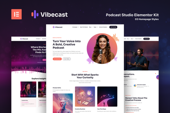 Vibecast - Podcast Studio Elementor Pro Template Kit